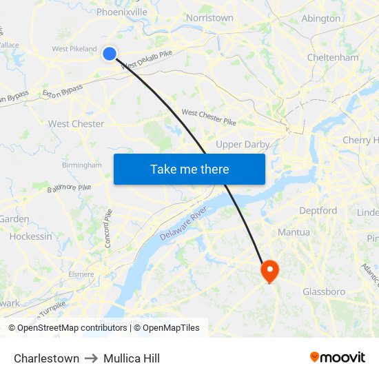 Charlestown to Mullica Hill map