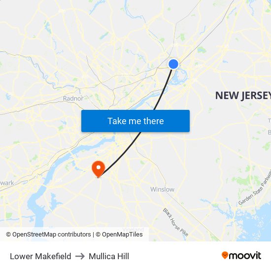 Lower Makefield to Mullica Hill map