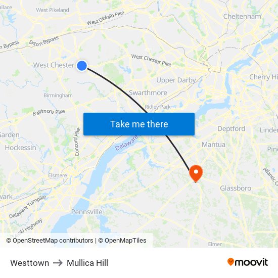 Westtown to Mullica Hill map
