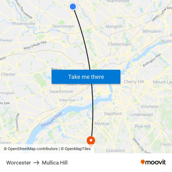 Worcester to Mullica Hill map