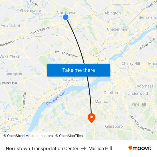 Norristown Transportation Center to Mullica Hill map