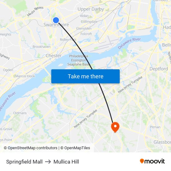 Springfield Mall to Mullica Hill map