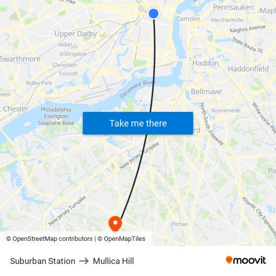 Suburban Station to Mullica Hill map