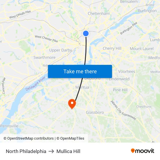 North Philadelphia to Mullica Hill map