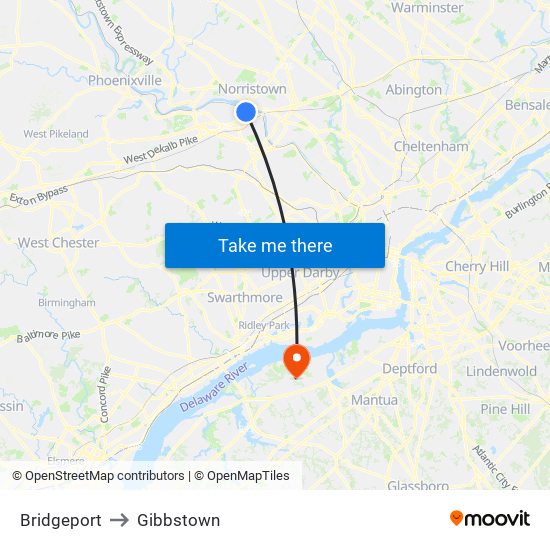 Bridgeport to Gibbstown map