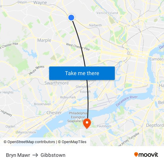 Bryn Mawr to Gibbstown map