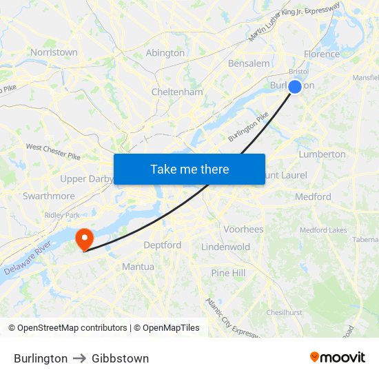 Burlington to Gibbstown map