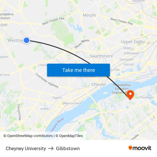 Cheyney University to Gibbstown map