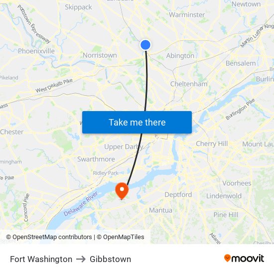 Fort Washington to Gibbstown map