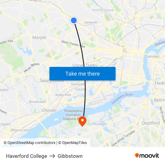 Haverford College to Gibbstown map
