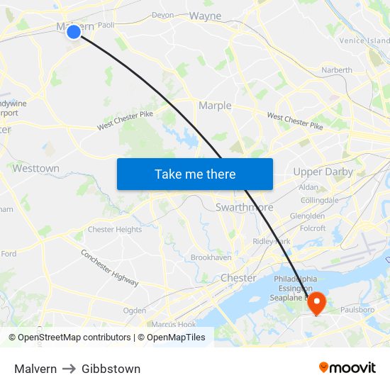 Malvern to Gibbstown map