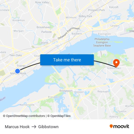 Marcus Hook to Gibbstown map
