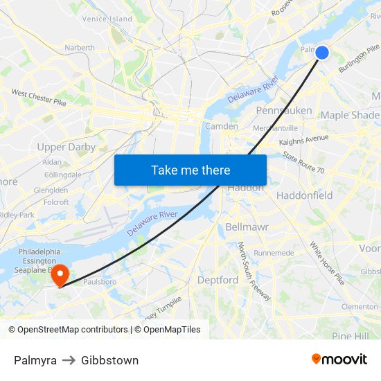 Palmyra to Gibbstown map