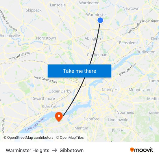 Warminster Heights to Gibbstown map