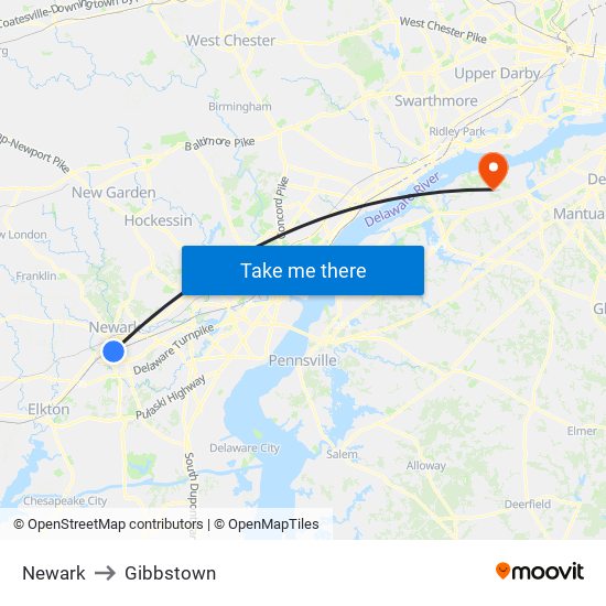 Newark to Gibbstown map