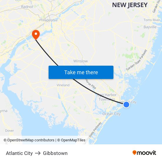 Atlantic City to Gibbstown map
