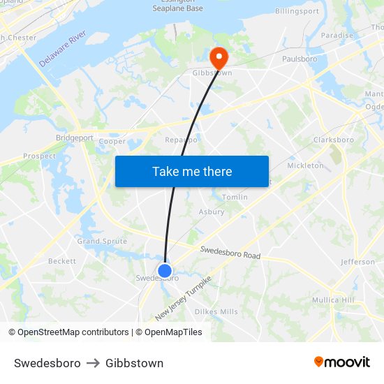 Swedesboro to Gibbstown map