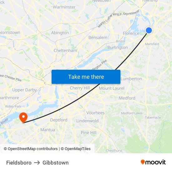 Fieldsboro to Gibbstown map