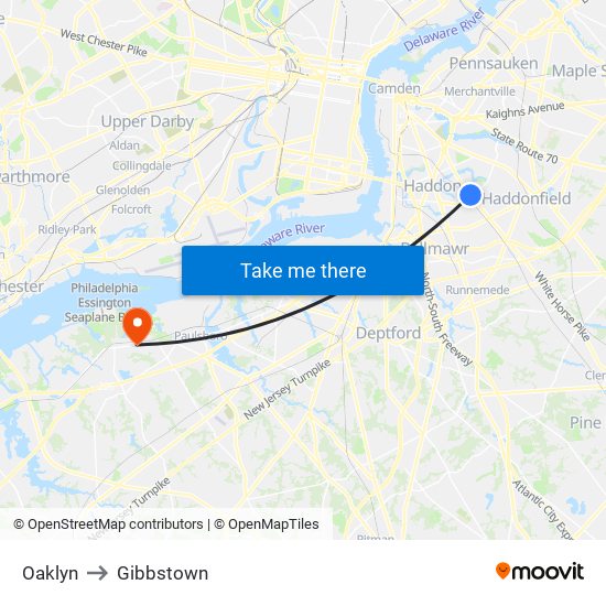 Oaklyn to Gibbstown map