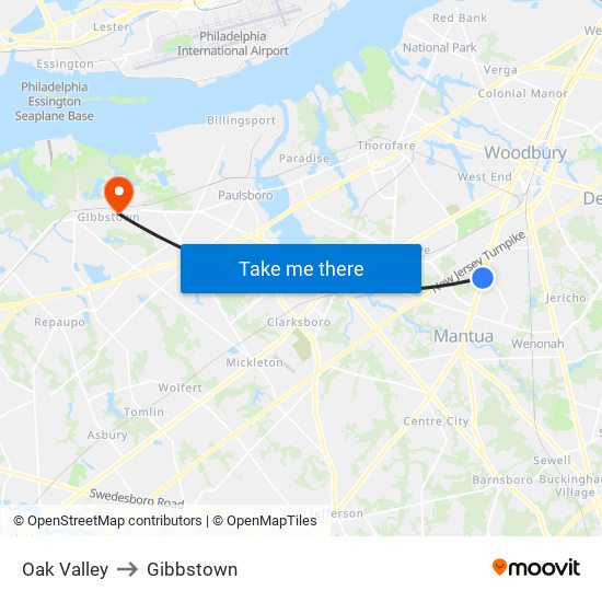 Oak Valley to Gibbstown map