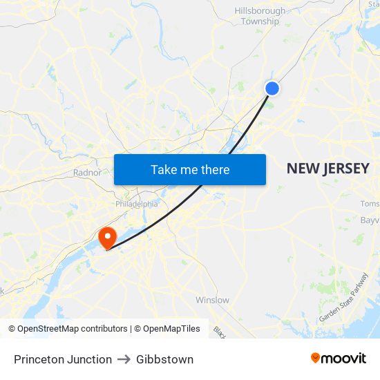 Princeton Junction to Gibbstown map