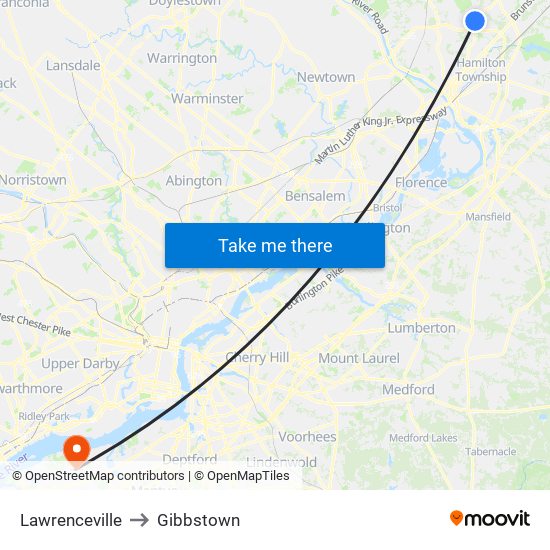 Lawrenceville to Gibbstown map