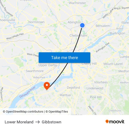 Lower Moreland to Gibbstown map