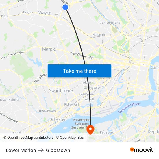 Lower Merion to Gibbstown map