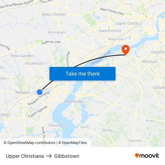 Upper Christiana to Gibbstown map