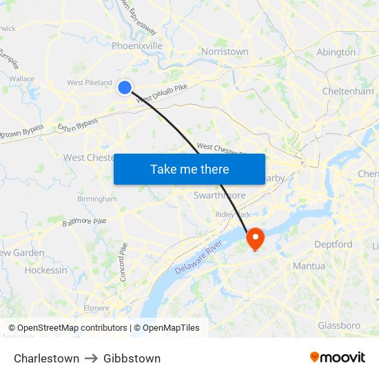 Charlestown to Gibbstown map