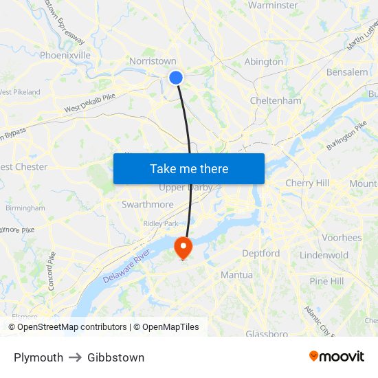 Plymouth to Gibbstown map