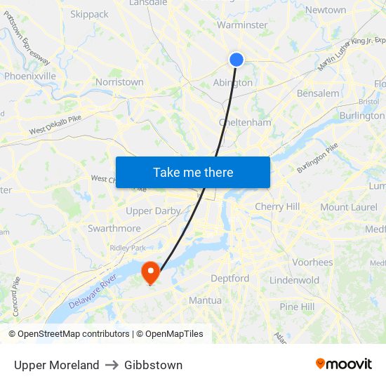 Upper Moreland to Gibbstown map