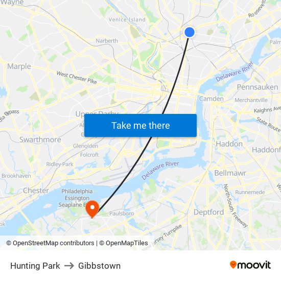 Hunting Park to Gibbstown map