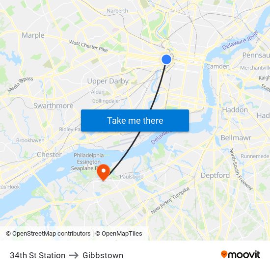 34th St Station to Gibbstown map