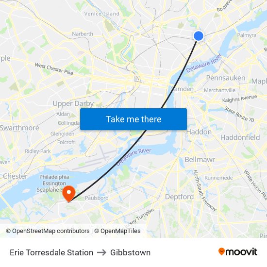 Erie Torresdale Station to Gibbstown map