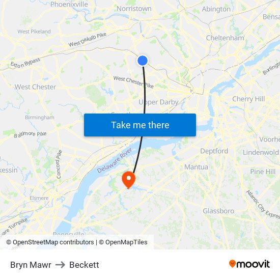 Bryn Mawr to Beckett map