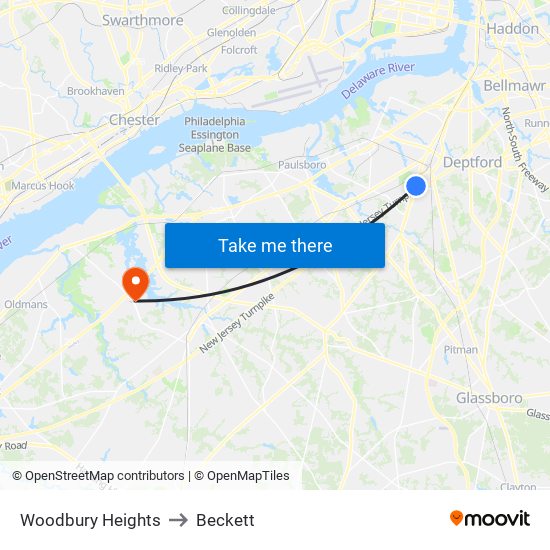 Woodbury Heights to Beckett map