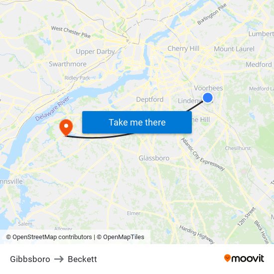 Gibbsboro to Beckett map