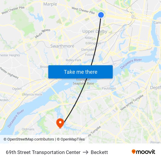 69th Street Transportation Center to Beckett map