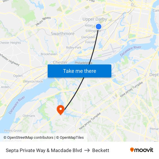 Septa Private Way & Macdade Blvd to Beckett map