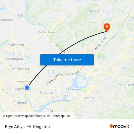 Bryn Athyn to Kingston map