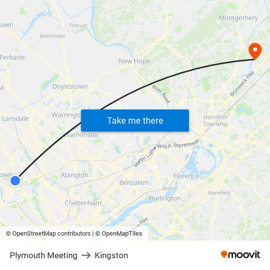 Plymouth Meeting to Kingston map