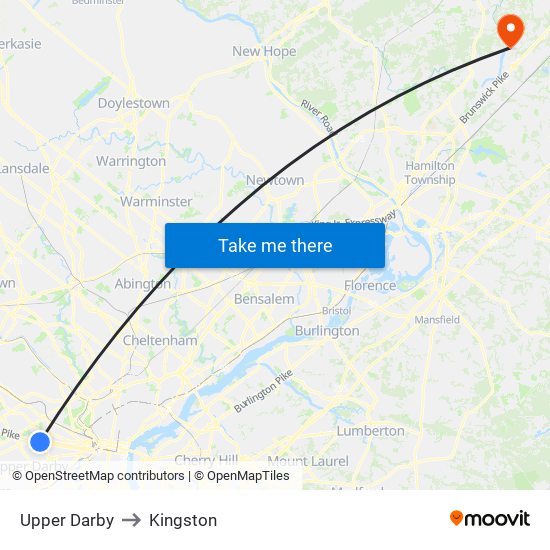 Upper Darby to Kingston map