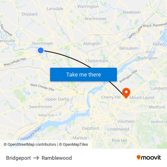 Bridgeport to Ramblewood map