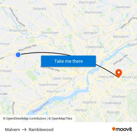 Malvern to Ramblewood map