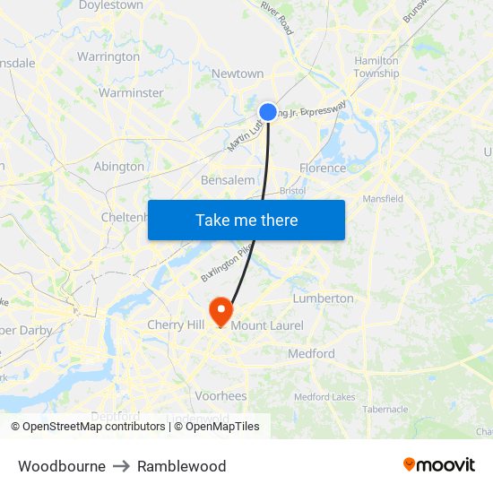 Woodbourne to Ramblewood map