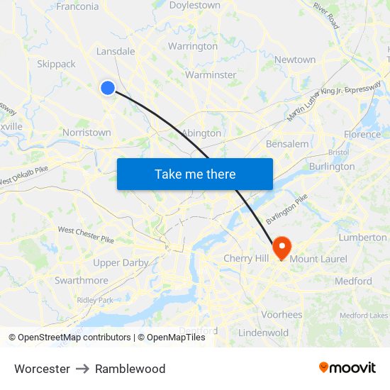 Worcester to Ramblewood map