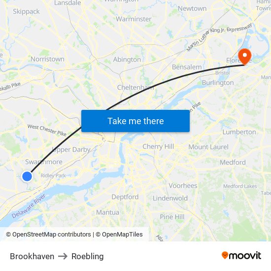 Brookhaven to Roebling map