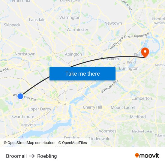 Broomall to Roebling map