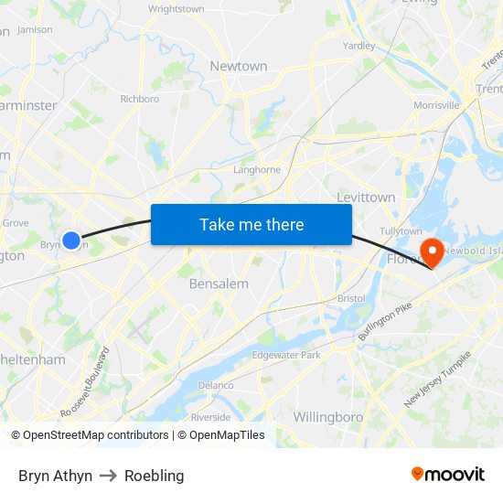 Bryn Athyn to Roebling map